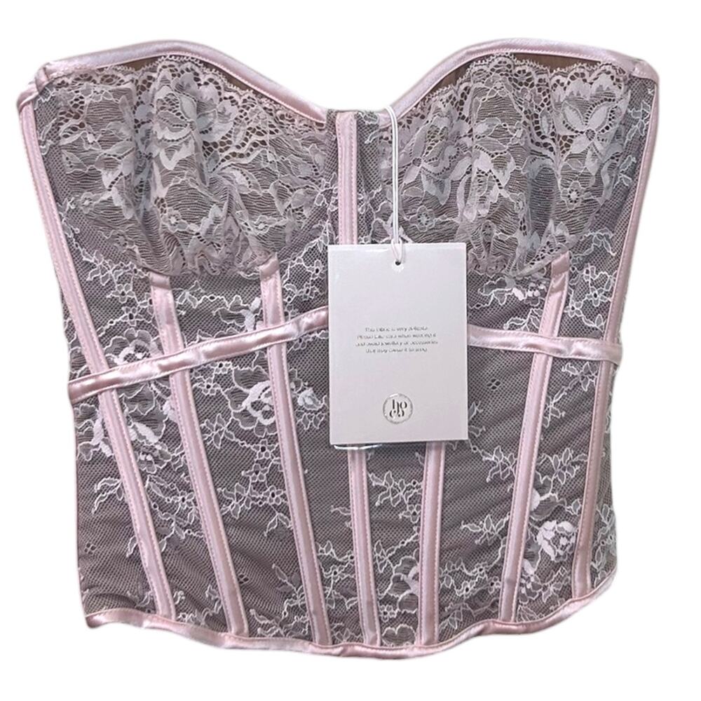House of CB NWT Women's 'Ayana' Lace Boned Corset Top, Veiled Rose Pink, X-Small - Picture 2 of 12